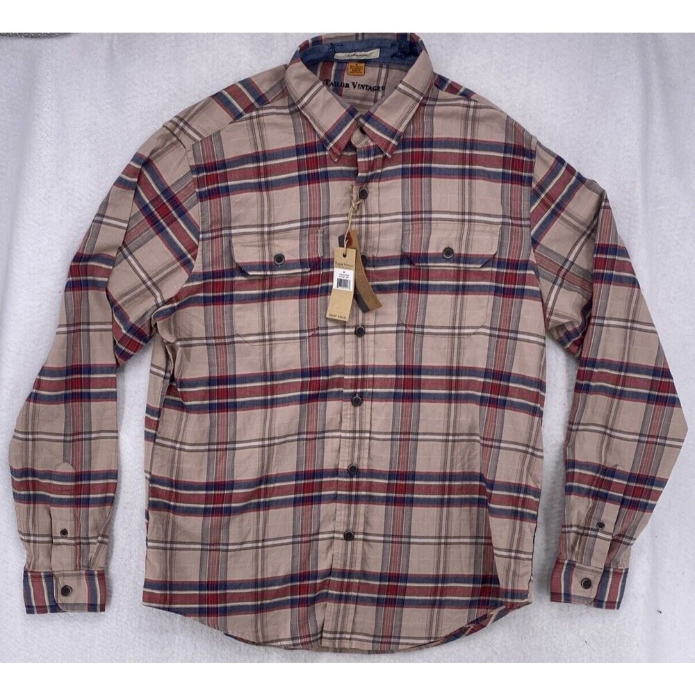 TAILOR VINTAGE Mens M Antelope Plaid Long Sleeve Stretch Button Down Shirt NWT